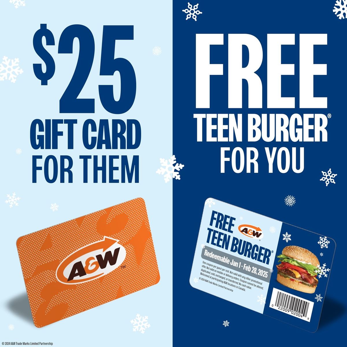 Get a FREE Teen Burger When You Buy a $25 A&W Gift Card – Limited Time Holiday Offer!