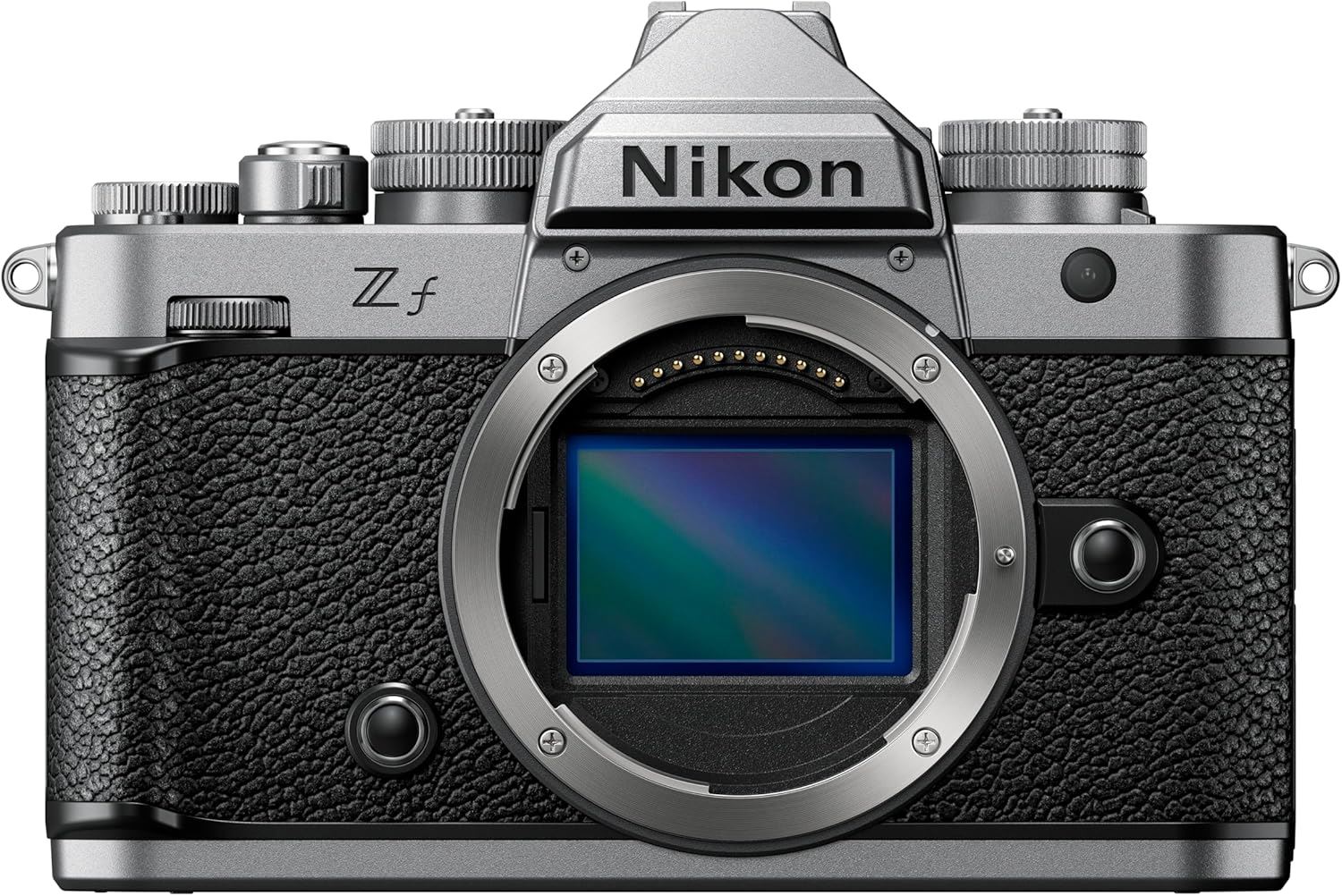 Vintage-style Nikon Zf mirrorless camera in black, featuring mechanical dials and a classic 1980s aesthetic.