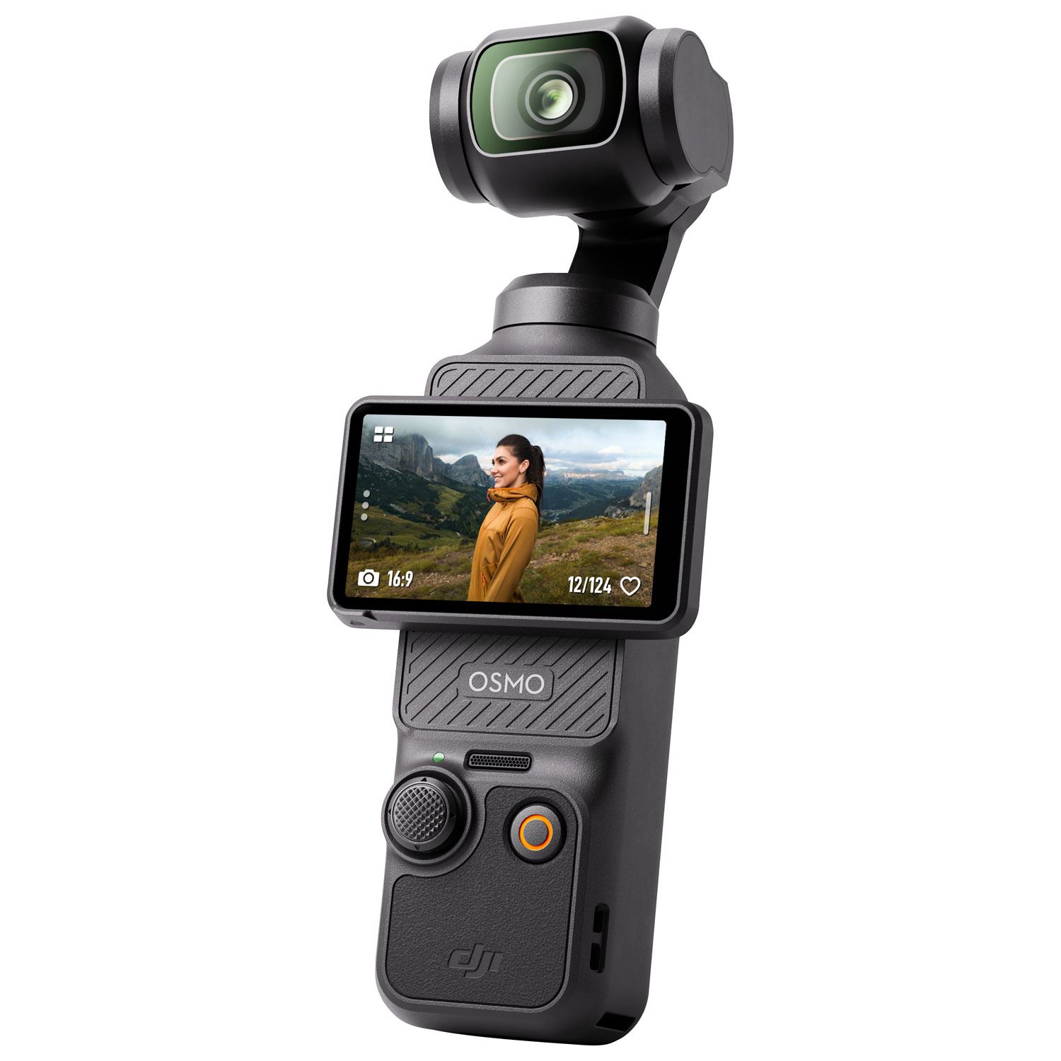 A compact DJI Osmo Pocket 3 handheld gimbal camera featuring a rotating touchscreen and a small 1-inch sensor lens.