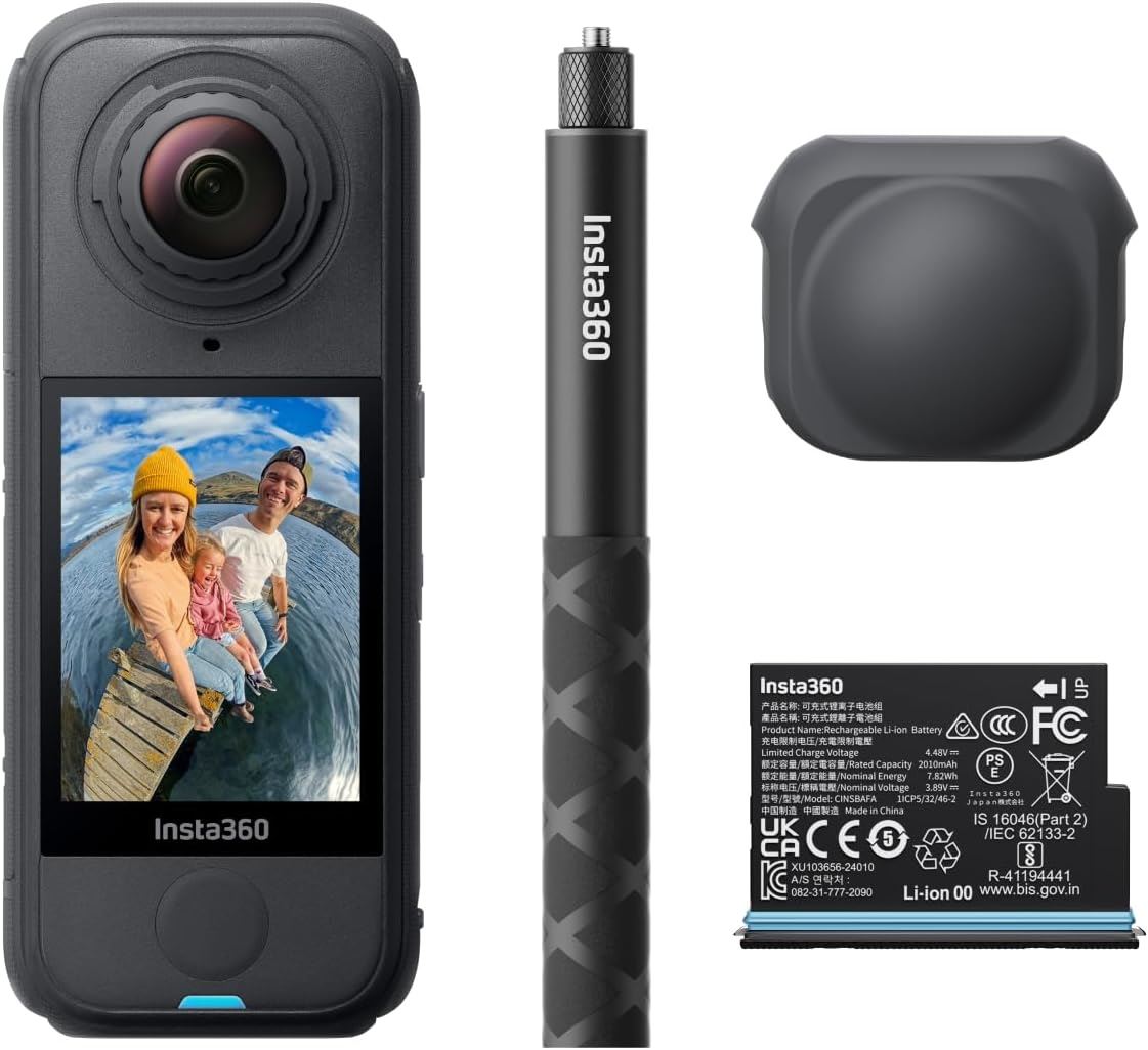 Slim, upright Insta360 X4 action camera with dual 360-degree lenses and a rugged, waterproof body.