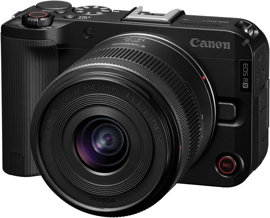 Black Canon EOS R50 V mirrorless camera with a versatile zoom lens and a flip-out screen, positioned against a clean white background.