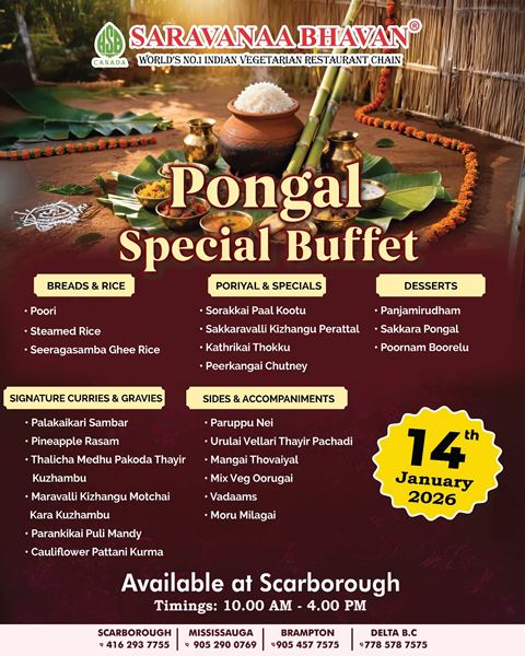 Saravanaa Bhavan Pongal Special Buffet 2026 - Scarborough Deals