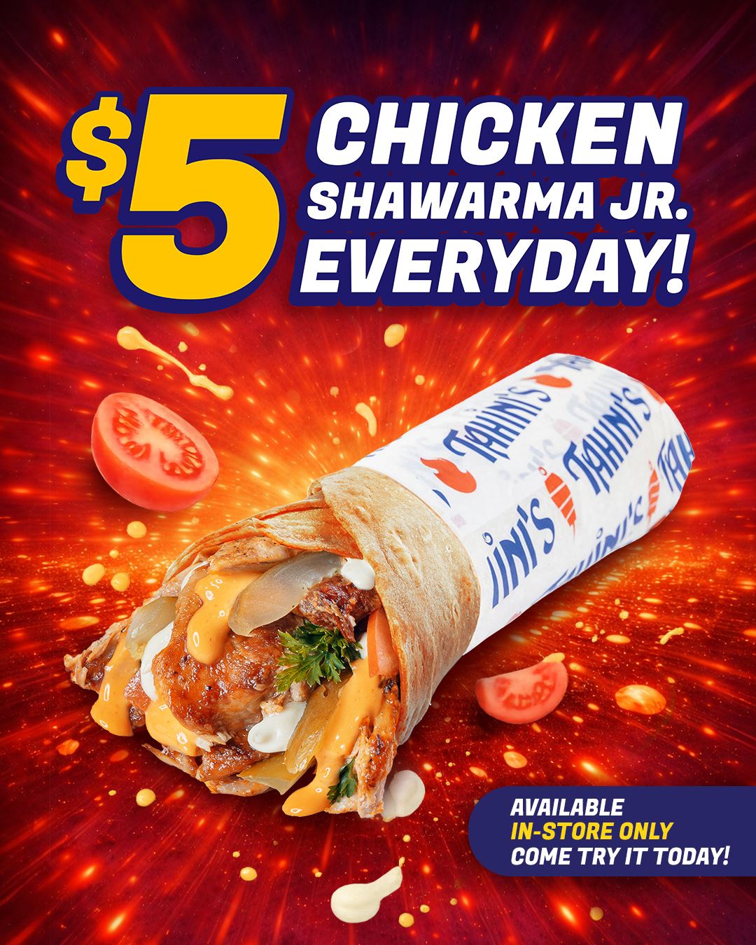 $5 Chicken Shawarma Jr. wrap deal from Tahini's with chicken shawarma