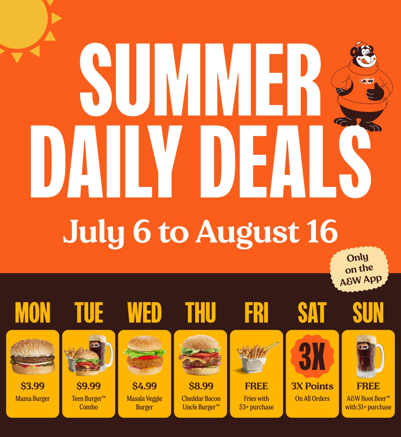 A&W Canada Summer Daily Deals promotion with weekly app-only offers from July 6 to August 16.