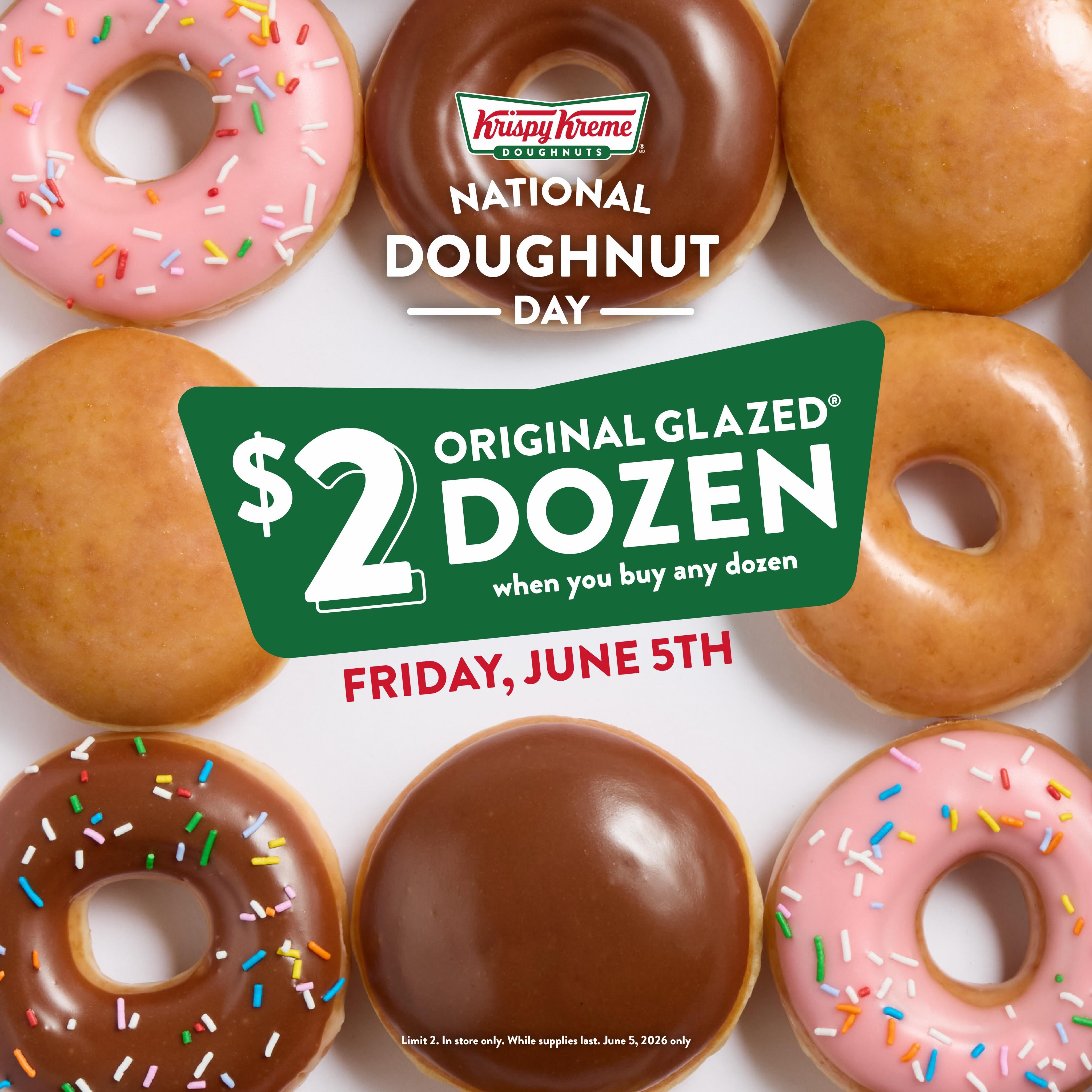 Krispy Kreme Canada National Doughnut Day offer with $2 Original Glazed dozen