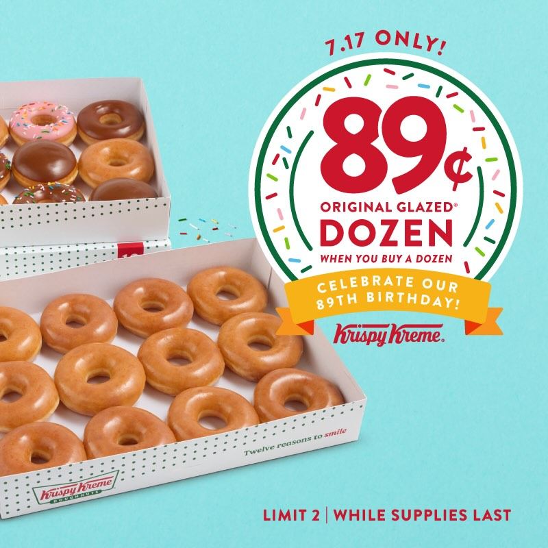 Krispy Kreme 89th birthday deal featuring an Original Glazed dozen for 89¢ with the purchase of any dozen on July 17, 2026.