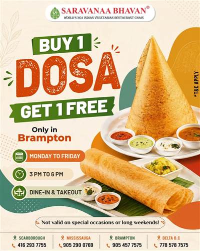 Saravanaa Bhavan Brampton – Buy 1 Dosa Get 1 Free (Mon–Fri, 3PM–6PM) photo 1
