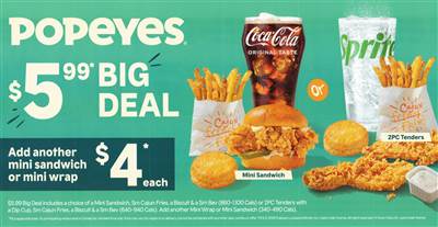 Popeyes Canada $5.99 Big Deal – Mini Sandwich/Tenders Combo + Fries, Biscuit & Drink photo 1