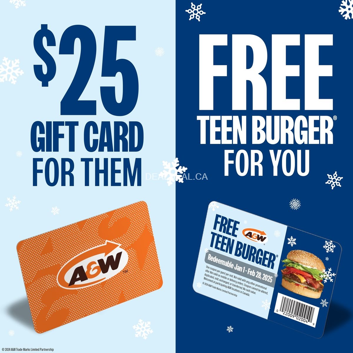A&W's Holiday Gift Card Offer: Buy a $25 Gift Card, Get a Free Teen Burger! photo 1