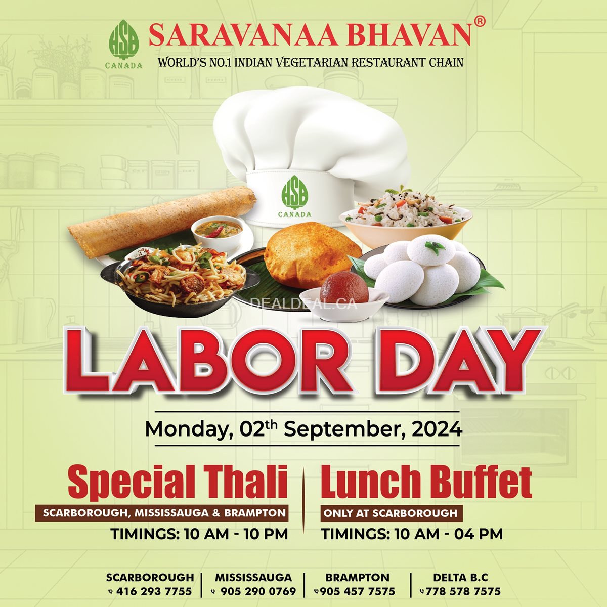 Labor Day Special Thali and Lunch Buffet at Saravanaa Bhavan in Canada photo 1