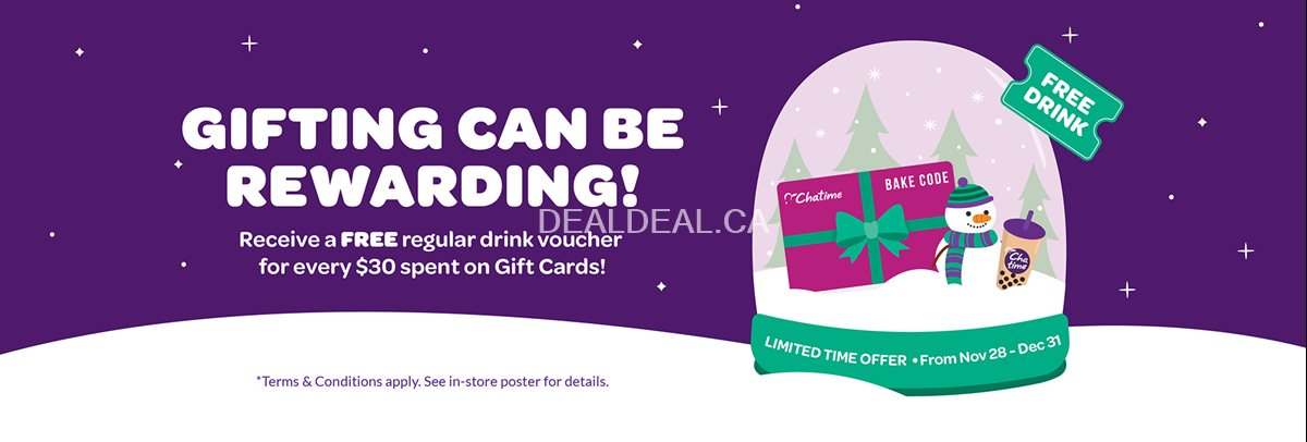 Receive a Free regular drink voucher for every $30 spent on Gift cards at Chatime photo 1