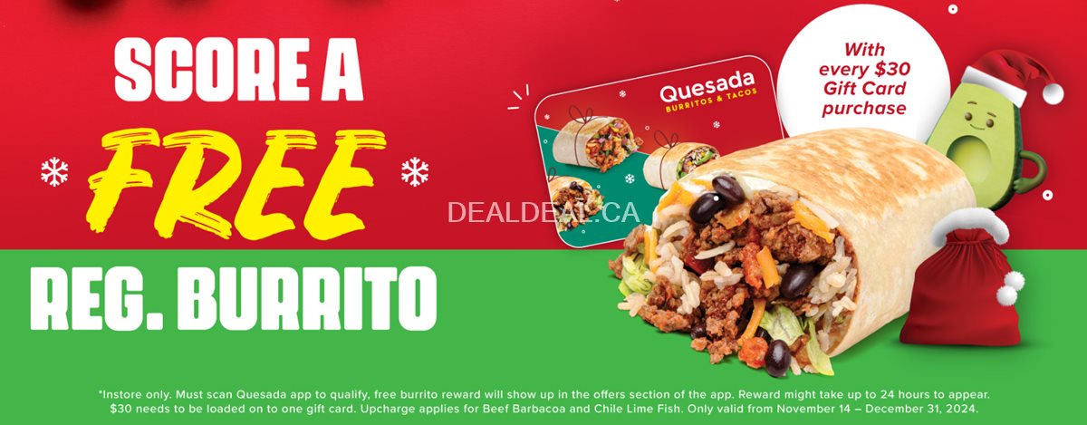 Score a FREE regular-sized burrito when you purchase a $30 gift card at Quesada Burritos & Tacos photo 1