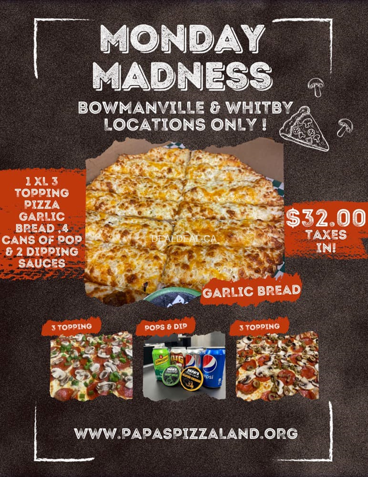 XL 3 Topping Pizza for $32 at Papas Pizzaland Bowmanville photo 1