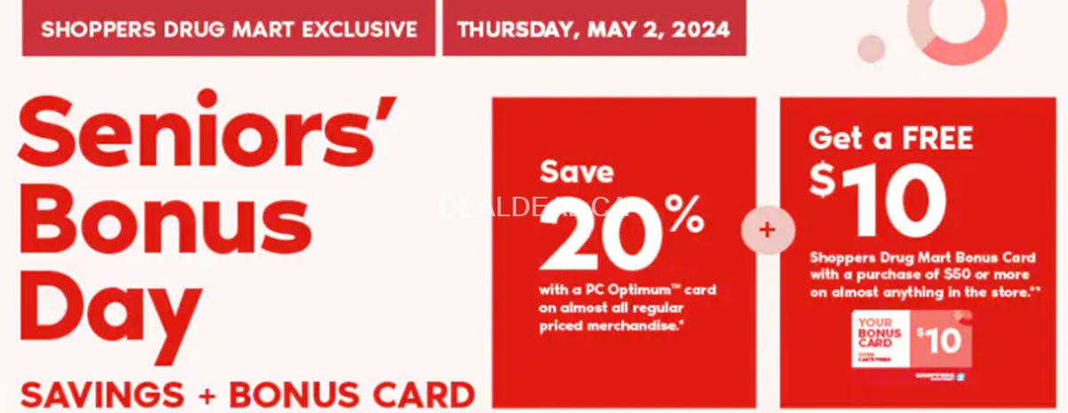 Seniors' Bonus Day: Save 20% and Receive a Free $10 Bonus Card at Shoppers Drug Mart photo 1