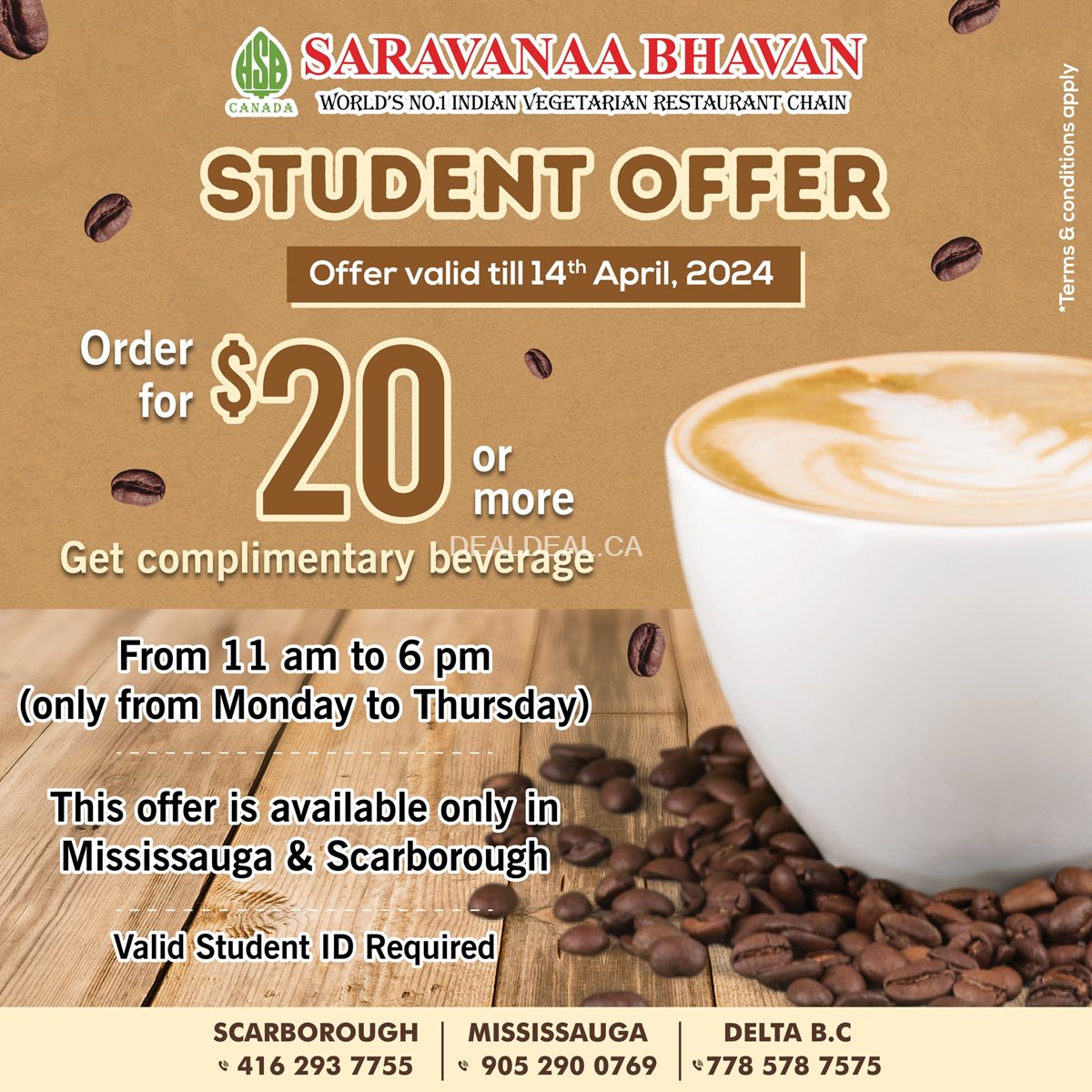 Student offer: Spend $20 or more and get complimentary beverage at Saravanaa Bhavan photo 1