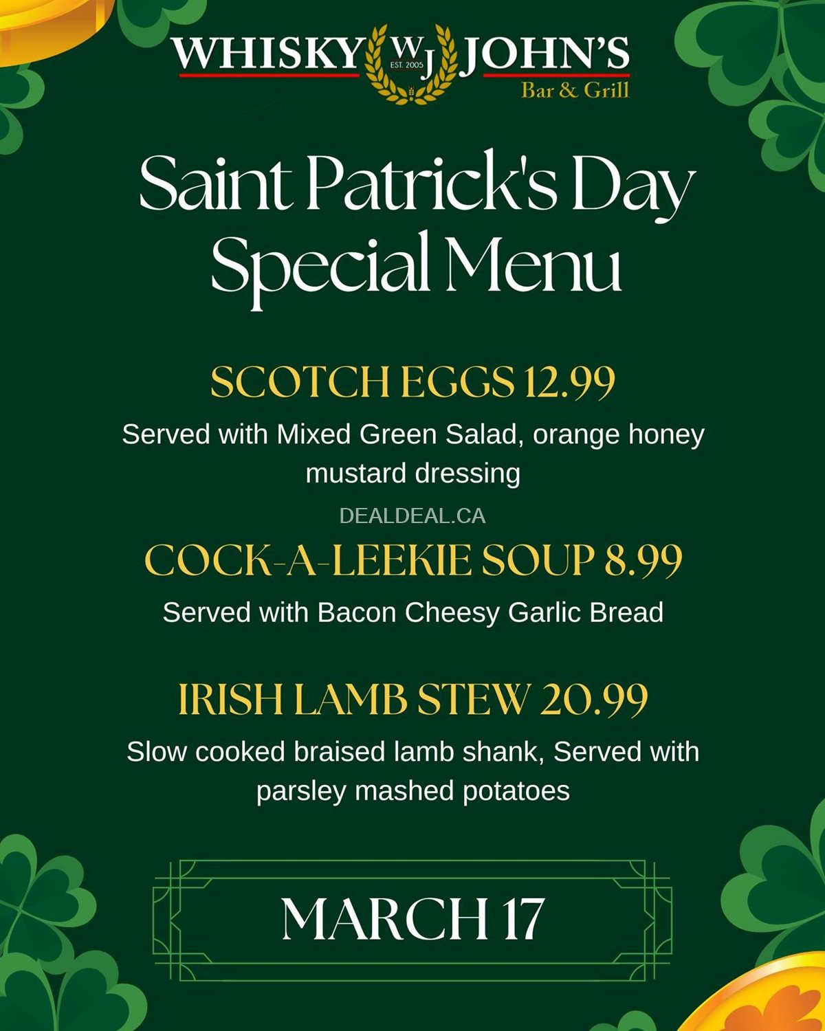 Saint Patrick's Day Special Menu at Whisky John's Oshawa photo 1