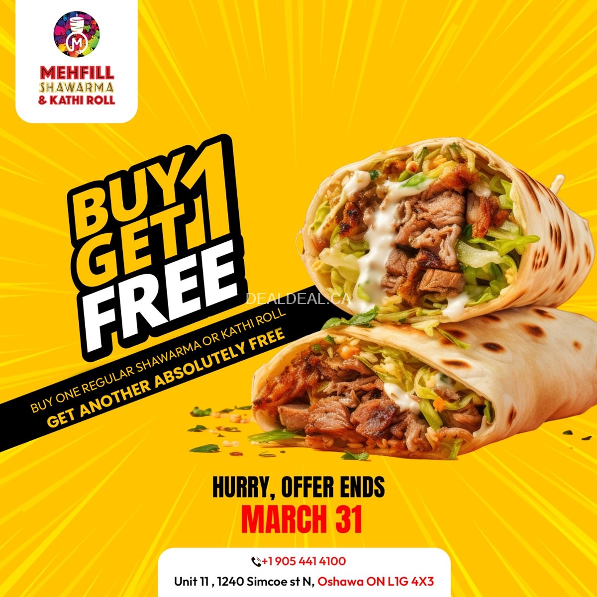 Buy one shawarma or kathi roll, get one FREE at Mehfill shawarma & Kathi Roll, Oshawa photo 1