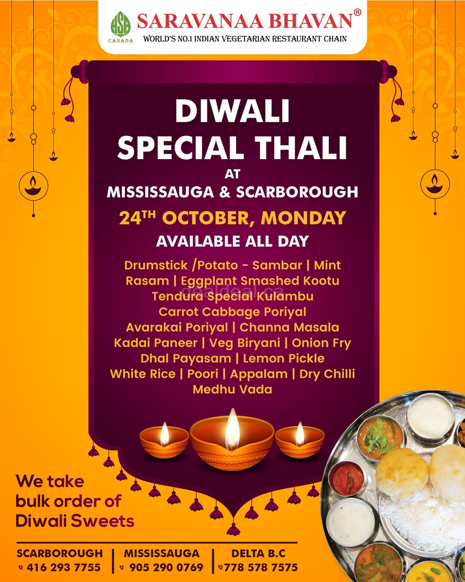 Diwali Special Thali at Saravanaa Bhavan Canada photo 1