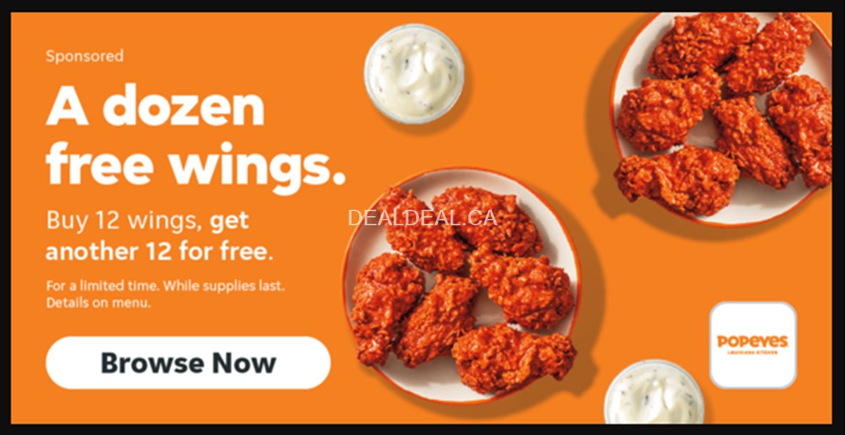 Buy 12 Wings and get another 12 for FREE at Popeyes Canada