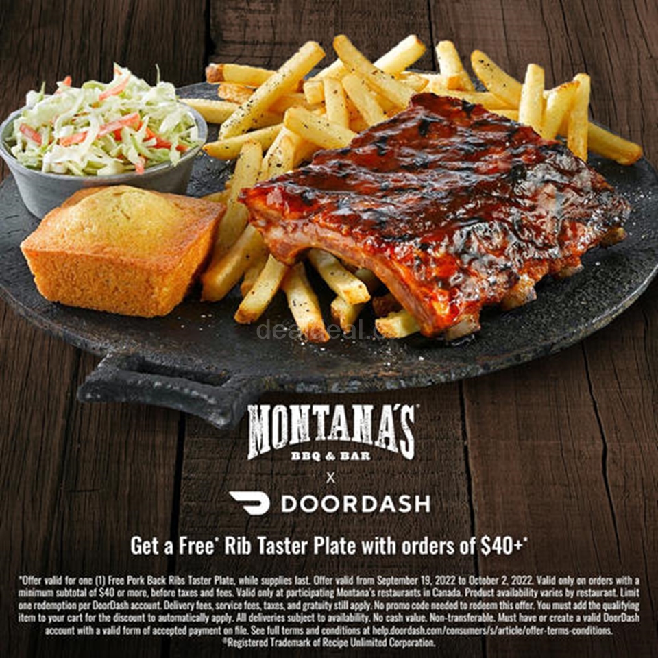 Get your FREE pork back rib taster plate on a minimum spend of $40 only on DoorDash at Montana's photo 1
