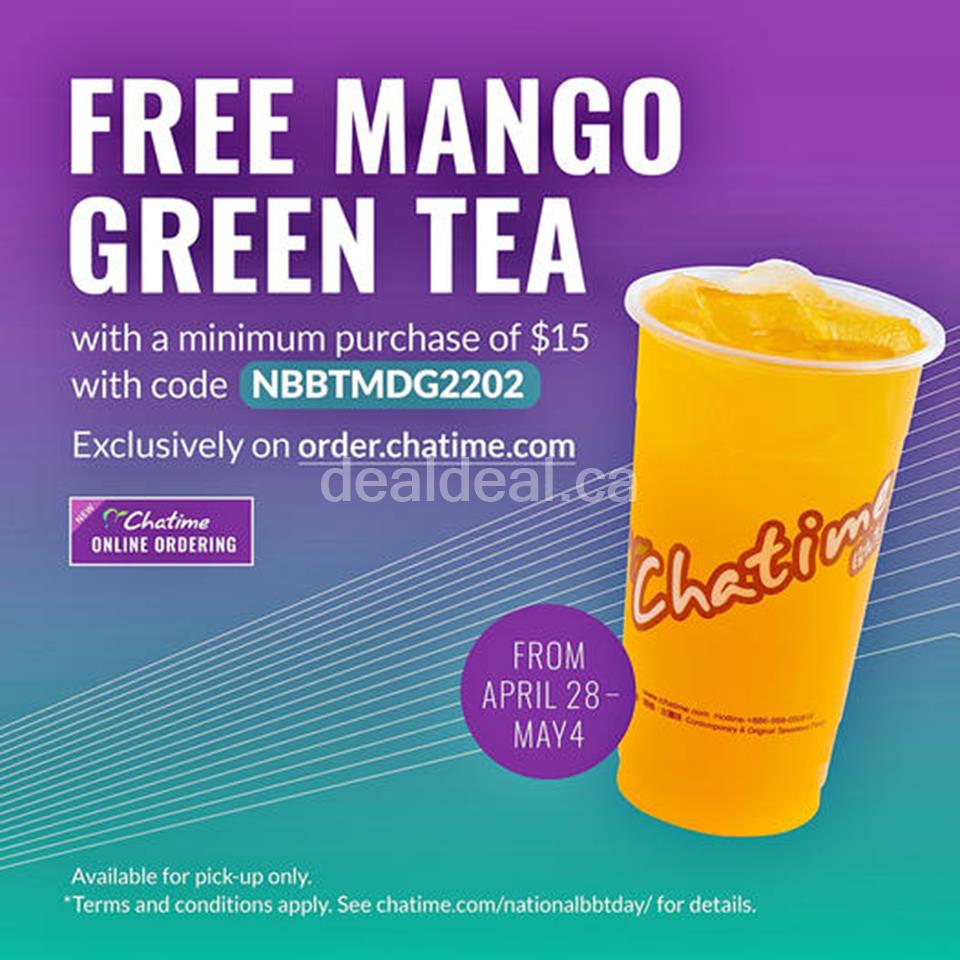 Enjoy a FREE Regular Size Mango Green Tea when you spend a minimum of $15 at Chatime photo 1