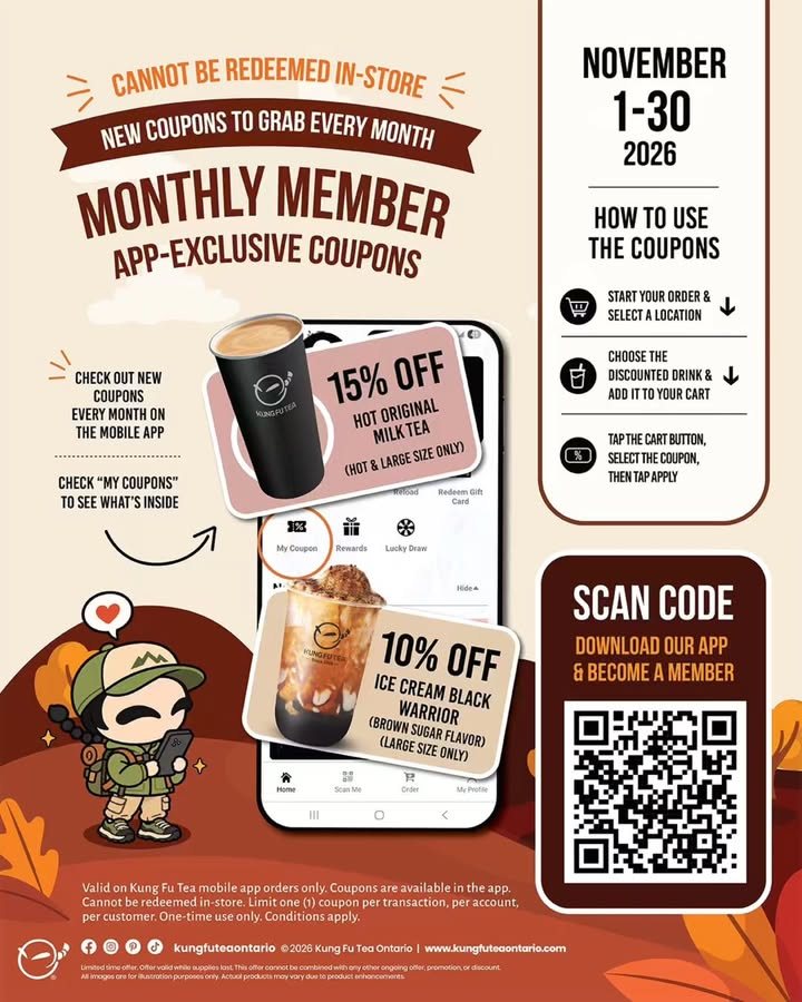Kung Fu Tea November 2026 App Coupons: 15% and 10% Off Selected Drinks photo 1