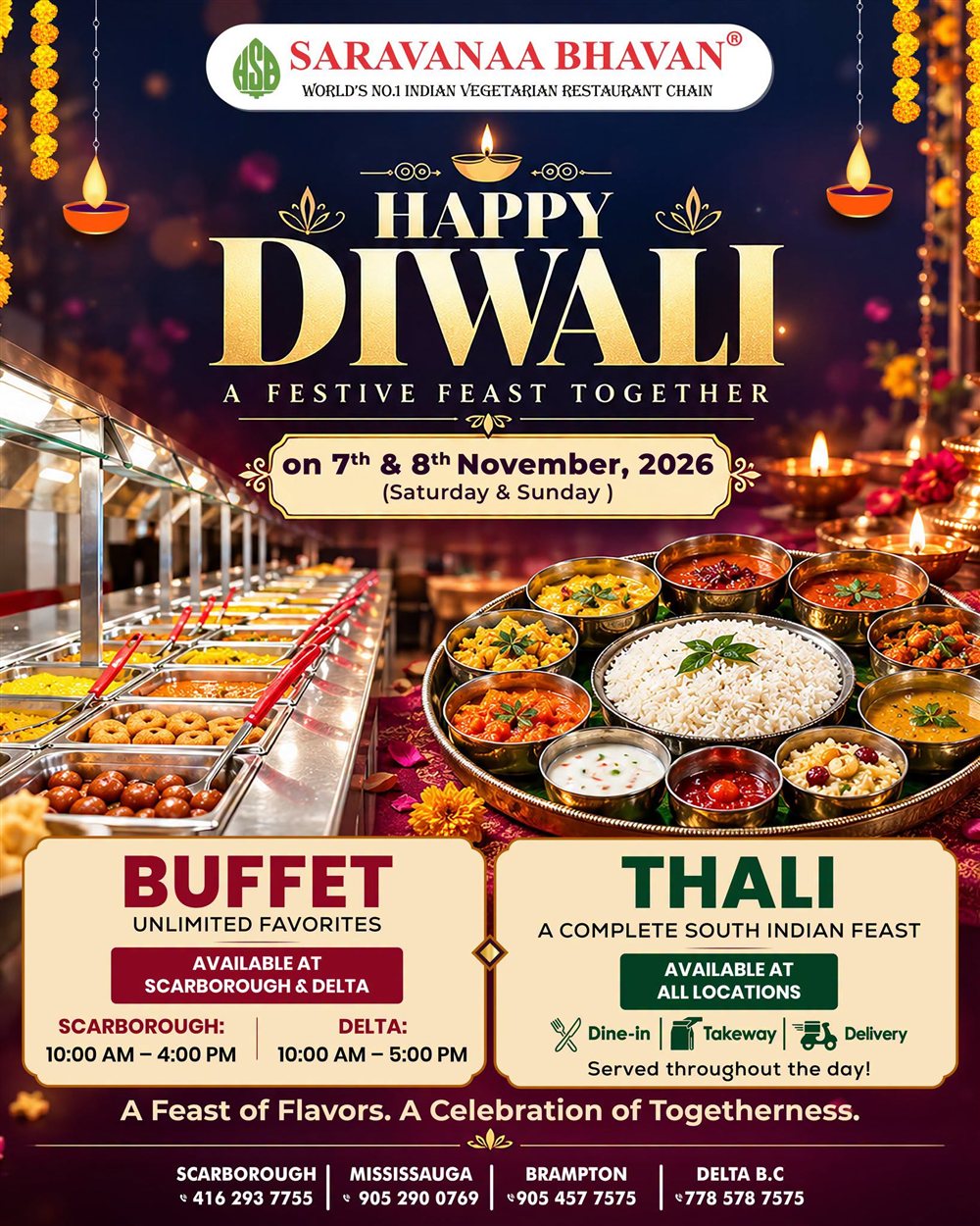 SARAVANAA BHAVAN Diwali Buffet and South Indian Thali, November 7-8, 2026