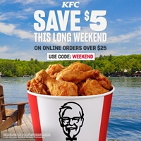 Save $5 this long weekend on online orders over $25 at KFC