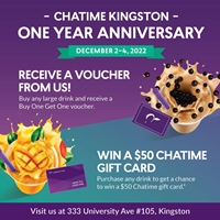 Buy any large drink and receive a Buy One Get One FREE voucher at Chatime Kingston