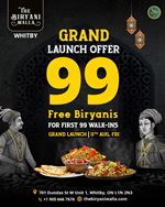 Biryaniwalla Whitby - Grand Launch Offer 99 FREE Biryanis for First 99 Walk-In's