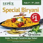 Biryani Special Offer for $1 Only at 5 Spice Dining