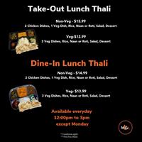 Lunch Thali for Take-out & Dine-in at Milanu's Tandoori Grill