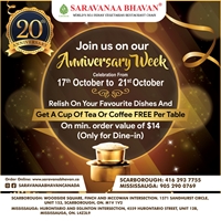 Anniversary Offer - Get a Cup of Tea or Coffee FREE at Saravanaa Bhavan Canada