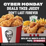 Get 50% buckets & boxes TODAY ONLY using code CYBER50 on kfc.ca or the KFC App