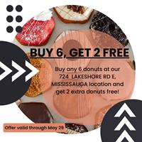 Buy 6 donuts and get two for free only at Lakeshore location at Donut Hive