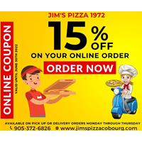 Get 15% OFF on your online orders at Jim's Pizza