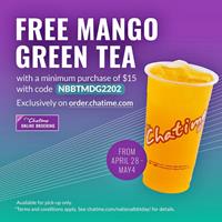 Enjoy a FREE Regular Size Mango Green Tea when you spend a minimum of $15 at Chatime