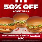 Get 50% off sandwiches. Exclusively available on the KFC app