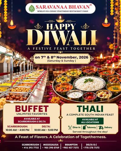 SARAVANAA BHAVAN Diwali Buffet and South Indian Thali, November 7-8, 2026