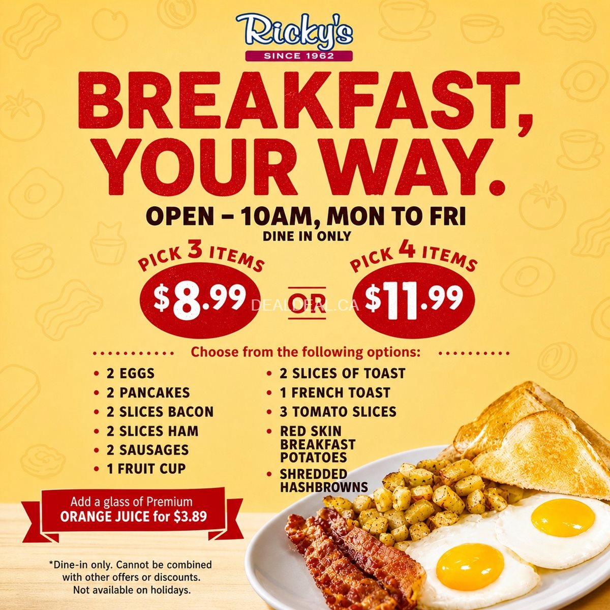 Breakfast Your Way at Ricky’s All Day Grill Brooks | Pick 3 for $8.99