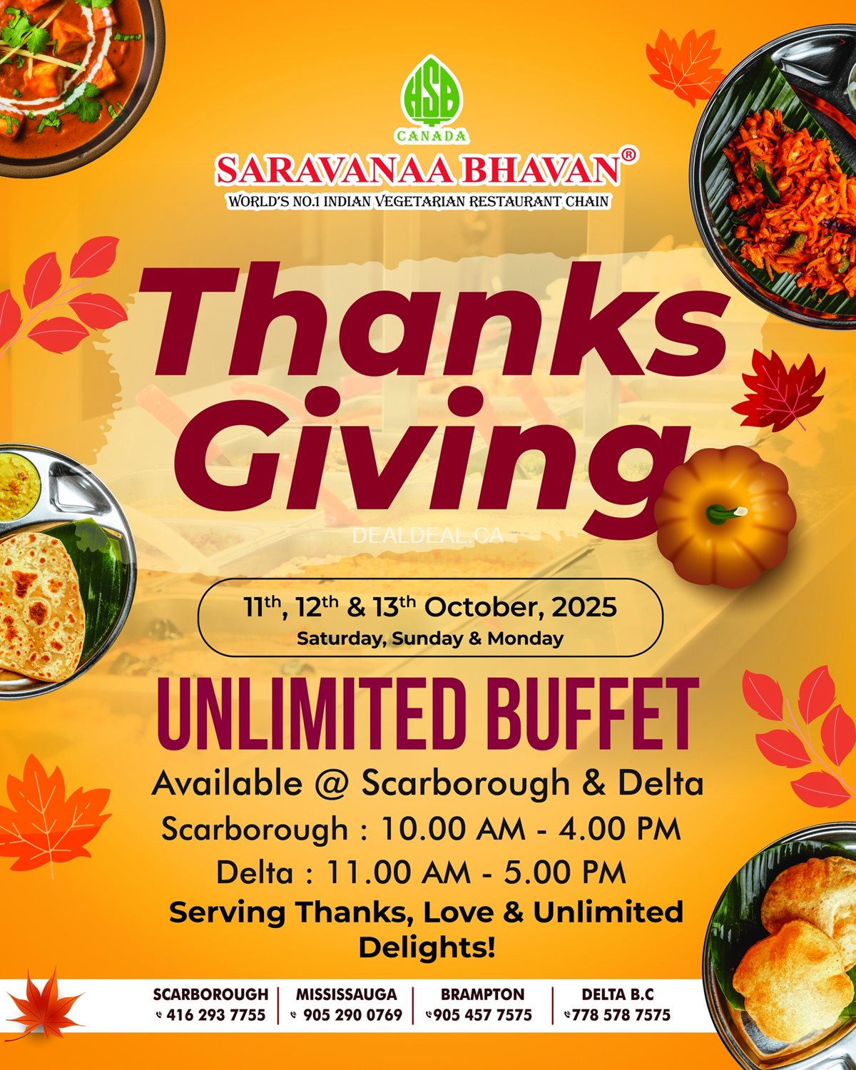 Celebrate Thanksgiving 2025 at Saravanaa Bhavan Canada – Unlimited Vegetarian Buffet
