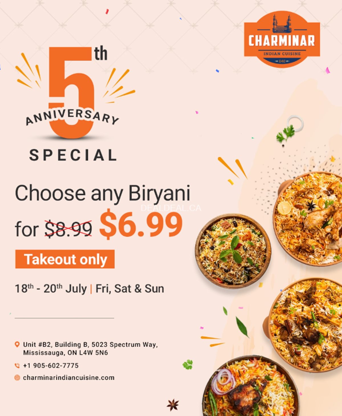 Choose any Biryani for $6.99 at Charminar Mississauga