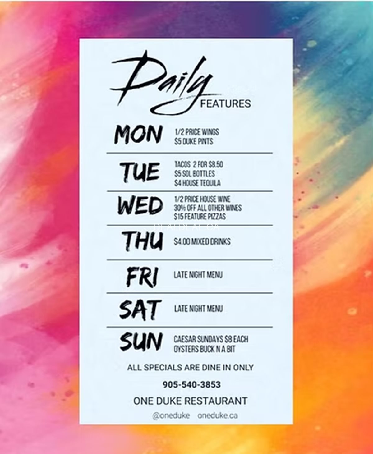 Daily Features at One Duke Restaurant Hamilton