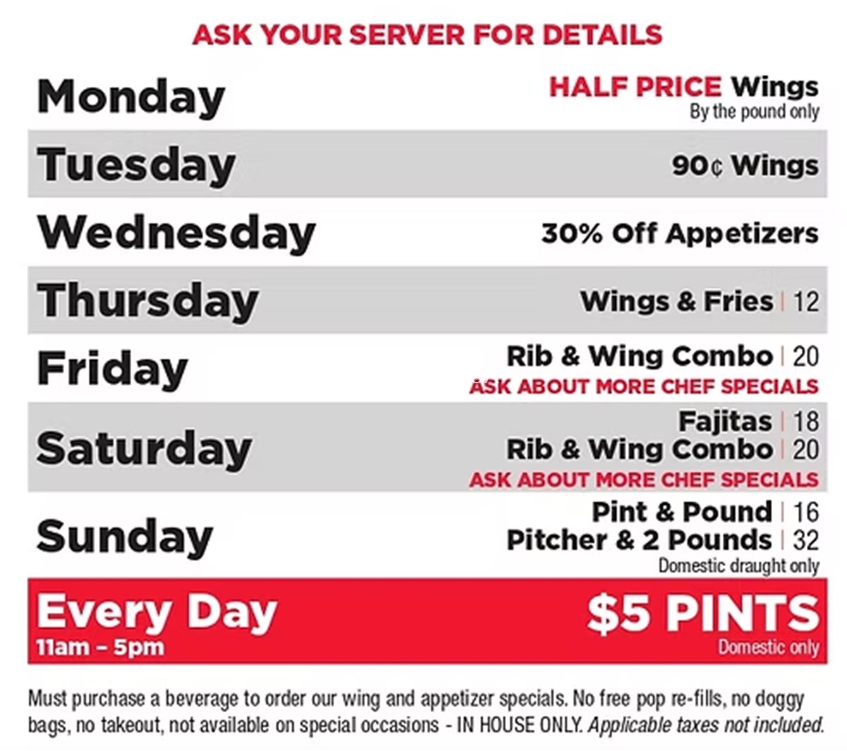 Daily Specials at One Eyed Jack Restaurant + Bar Kingston