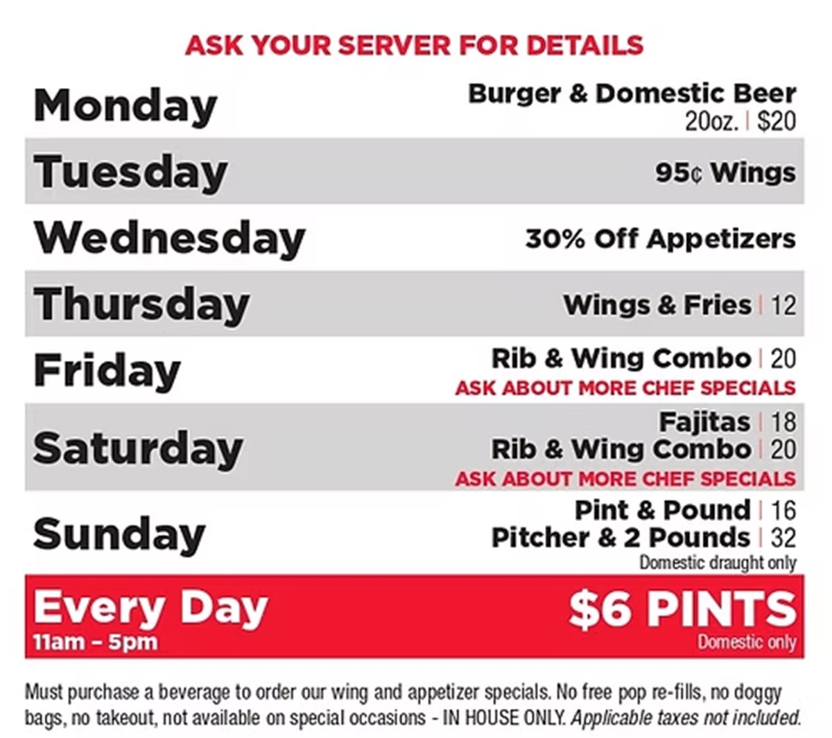 Daily Specials at One Eyed Jack Restaurant & Bar Toronto