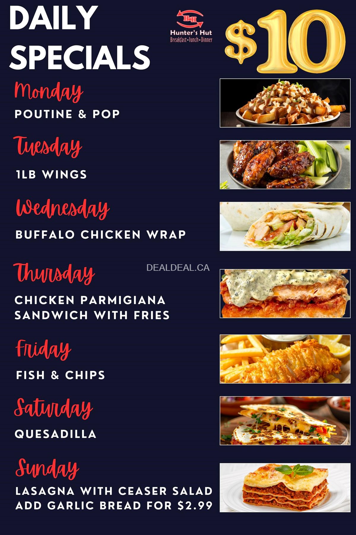 Daily Specials for ONLY $10 at Hunter's Hut
