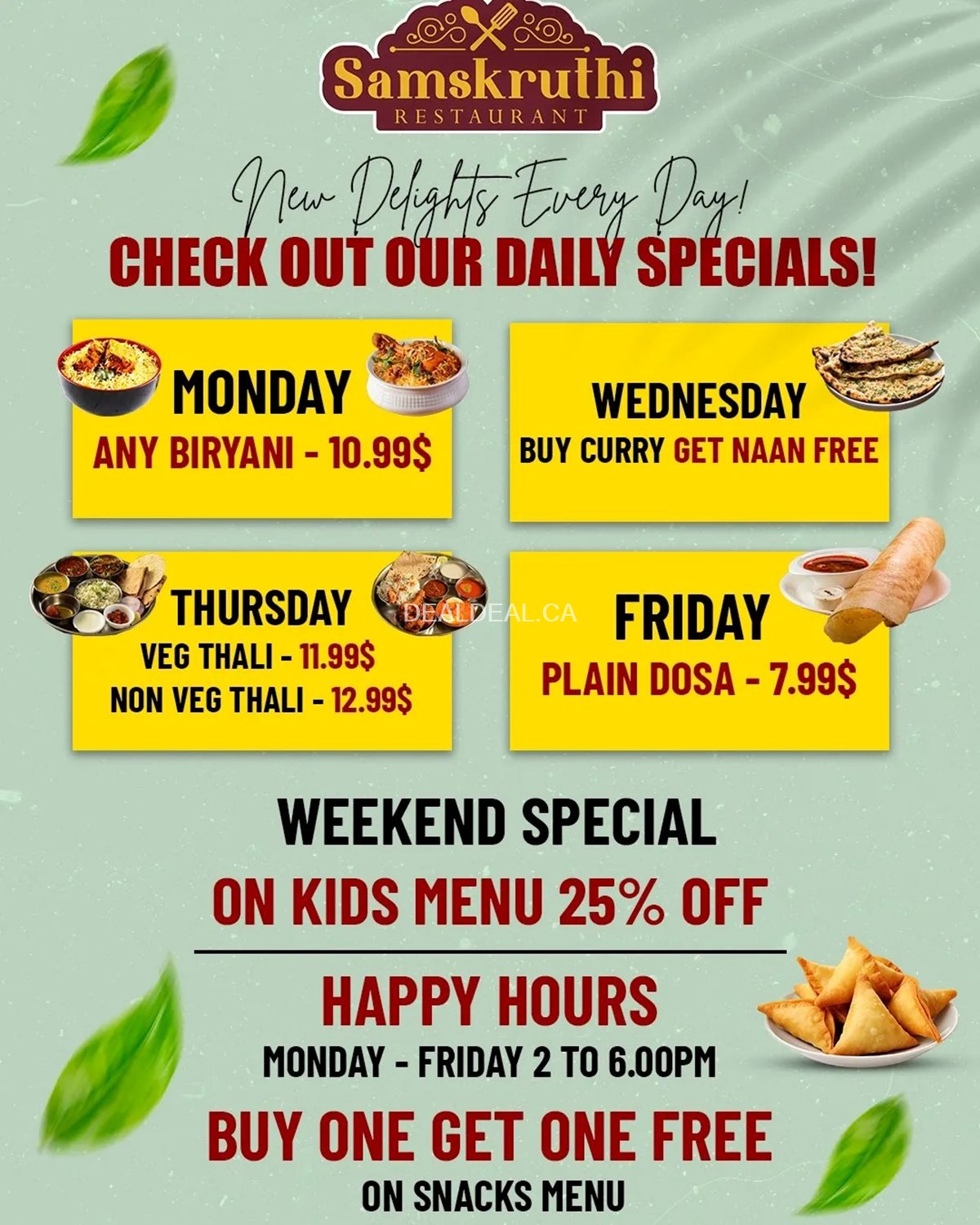 Everyday Specials at Samskruthi Restaurant Whitby