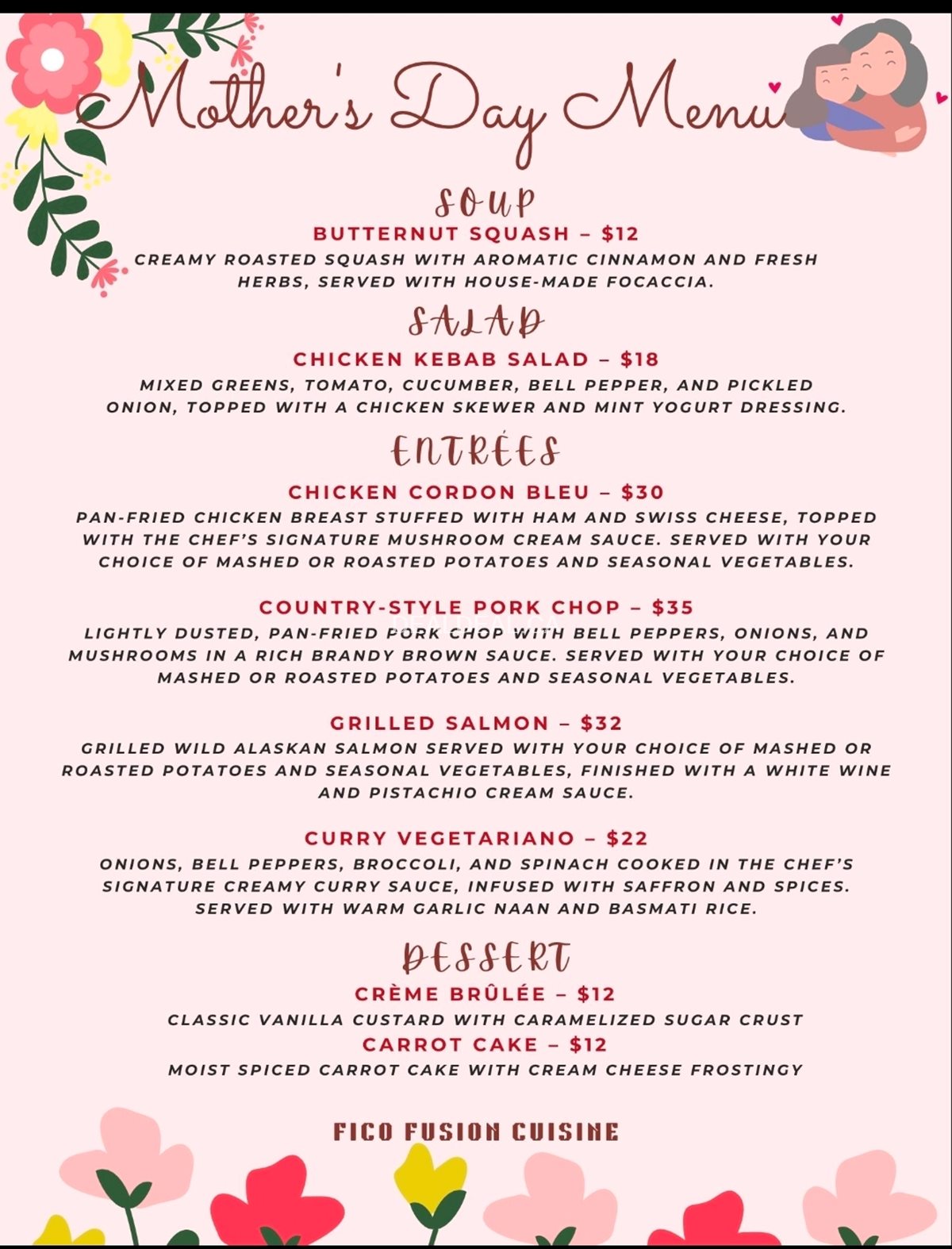 Fico Fusion Cuisine Mother’s Day Special Menu – Port Perry Dining Deals