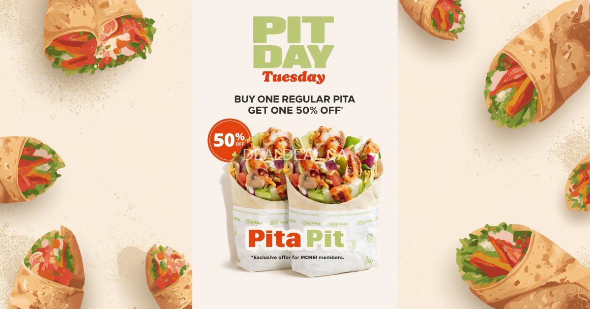 Pita Pit Pit Day Tuesday Deal – Buy One Get One 50% Off