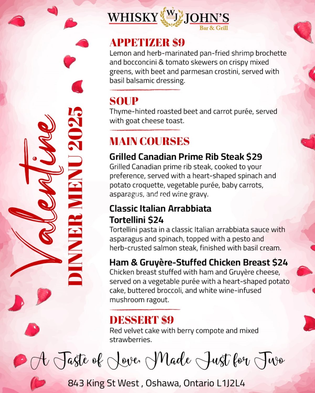 Valentine day Dinner menu at Whisky John's Oshawa